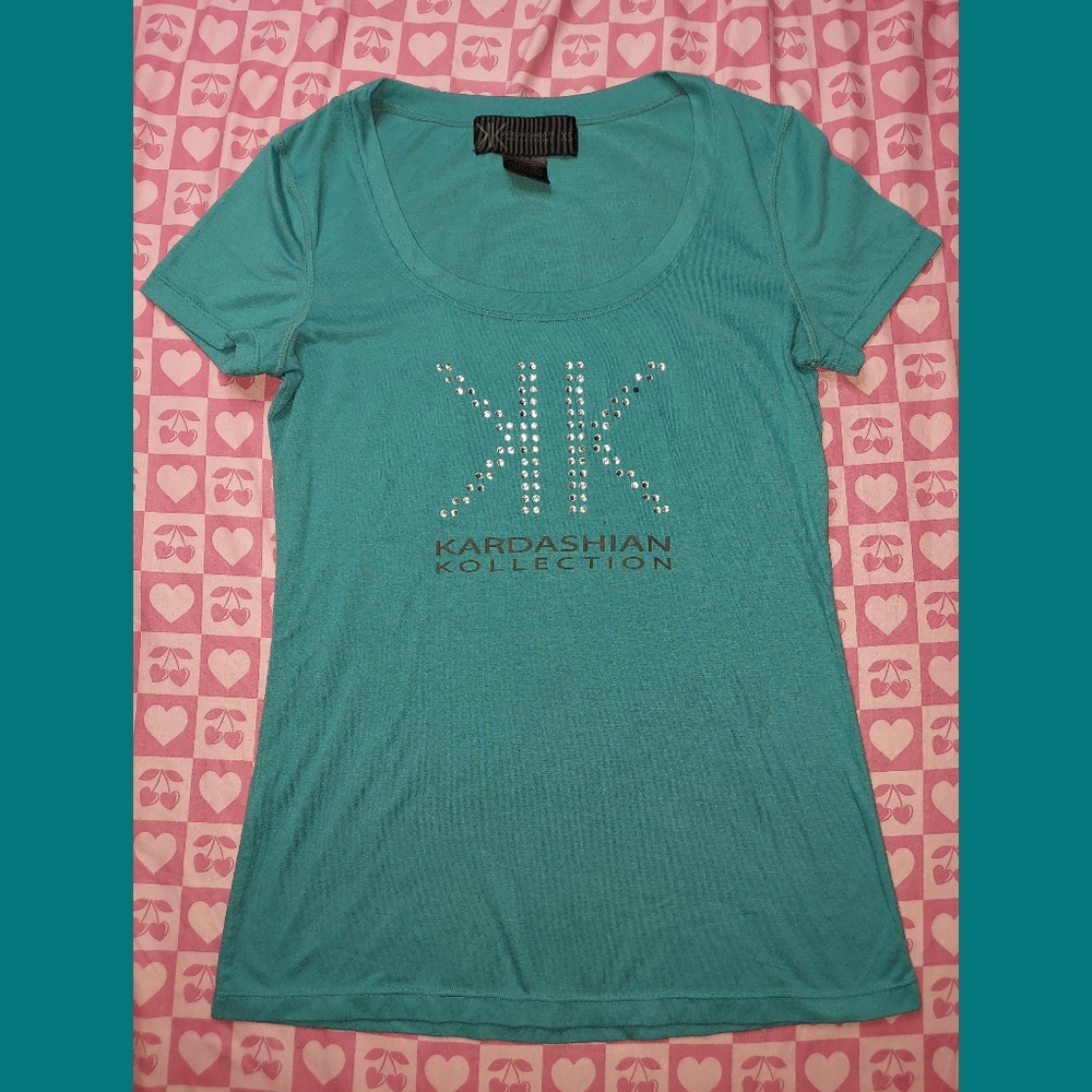 Kardashian Kollection Teal Rhinestone Logo Shirt Kim Kardashian